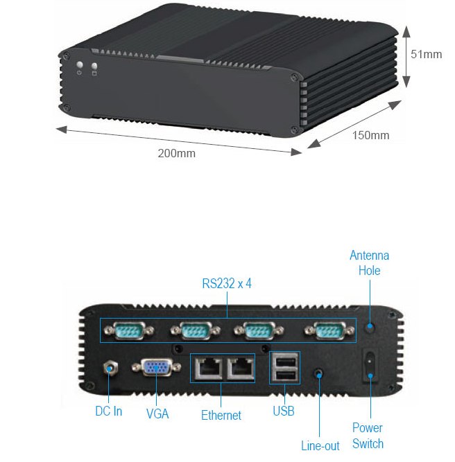 компактный промышленный компьютер на базе Intel Atom N270 (+12V, 4x powered RS-232, -5~+45C)